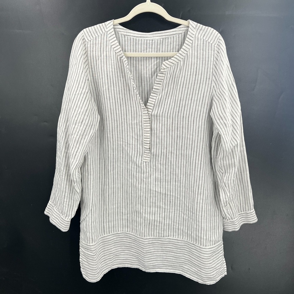 J. Jill white gray 100% linen popover tunic top coastal quiet luxury nautical L - Picture 11 of 11